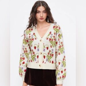 CIDER KNIT V-NECK STRAWBERRY BUTTON OVERSIZED CARDIGAN - medium